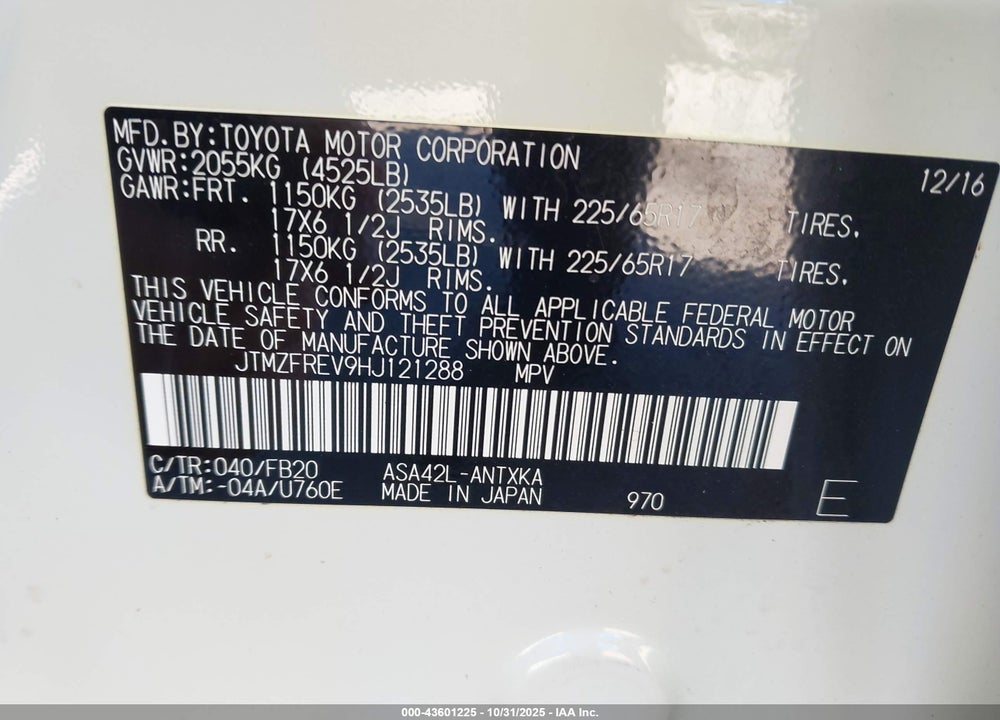 2017 TOYOTA RAV4 LE VIN: JTMZFREV9HJ121288