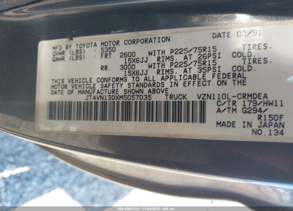 1991 TOYOTA PICKUP 1/2 TON EX LNG WHLBSE DLX VIN: JT4VN13DXM5057035