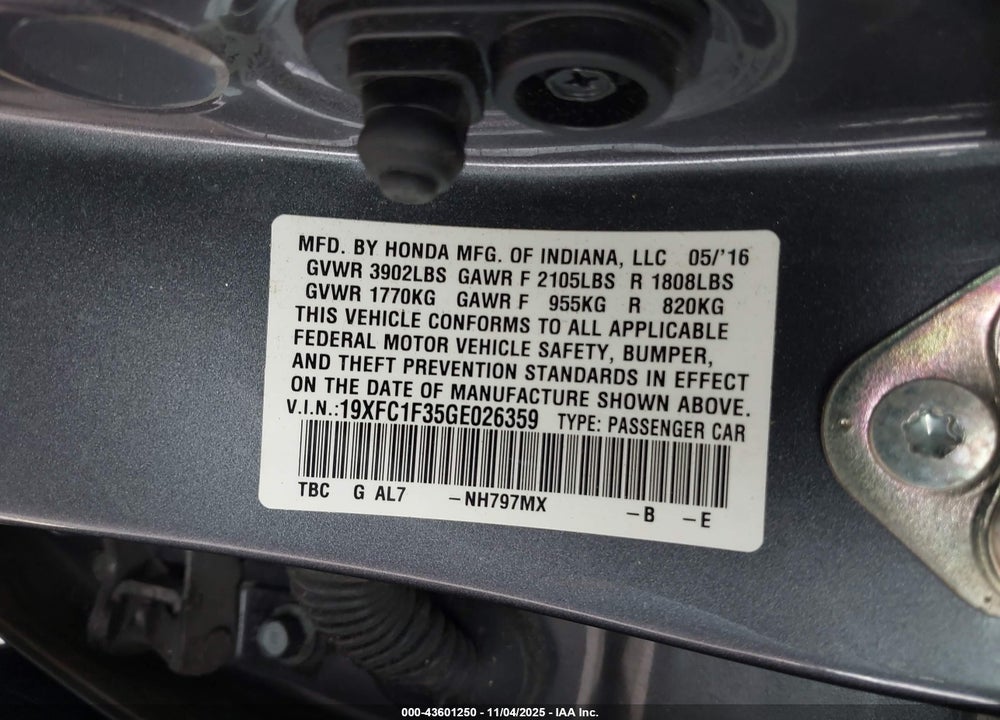 2016 HONDA CIVIC EX-T VIN: 19XFC1F35GE026359