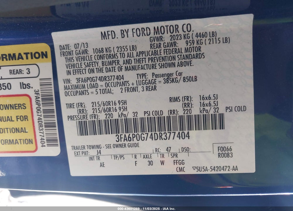2013 FORD FUSION VIN: 3FA6P0G74DR377404