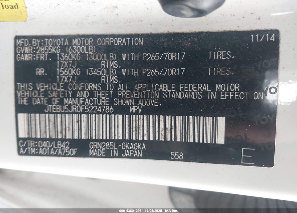2015 TOYOTA 4RUNNER VIN: JTEBU5JR0F5224786
