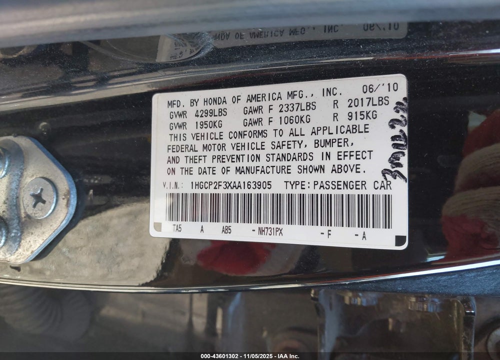 2010 HONDA ACCORD VIN: 1HGCP2F3XAA163905