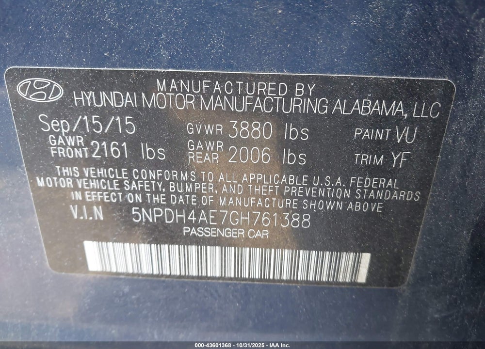 2016 HYUNDAI ELANTRA SE VIN: 5NPDH4AE7GH761388