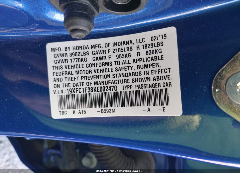 2019 HONDA CIVIC EX VIN: 19XFC1F38KE002470