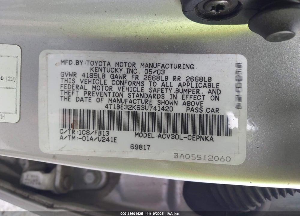 2003 TOYOTA CAMRY LE VIN: 4T1BE32K63U741420