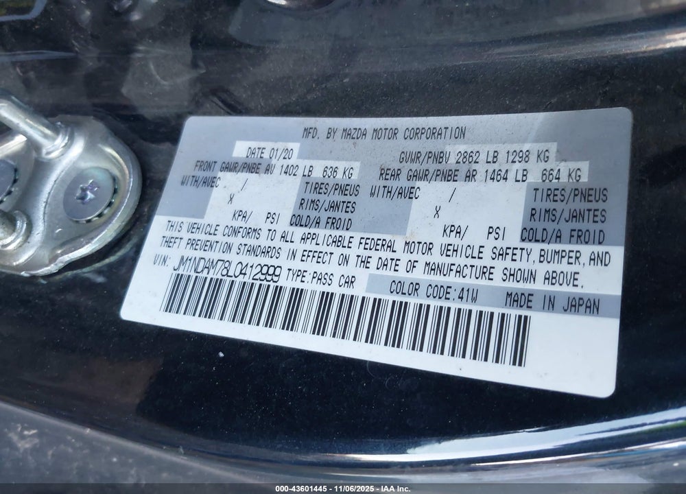 2020 MAZDA MX-5 MIATA RF GRAND TOURING VIN: JM1NDAM78L0412999