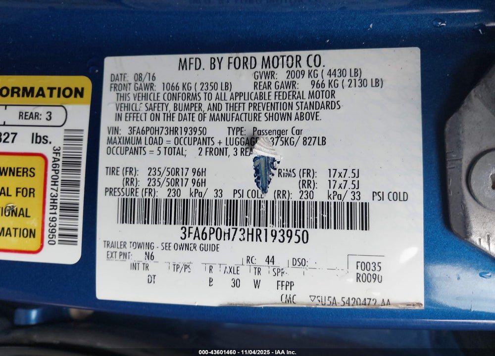 2017 FORD FUSION SE VIN: 3FA6P0H73HR193950