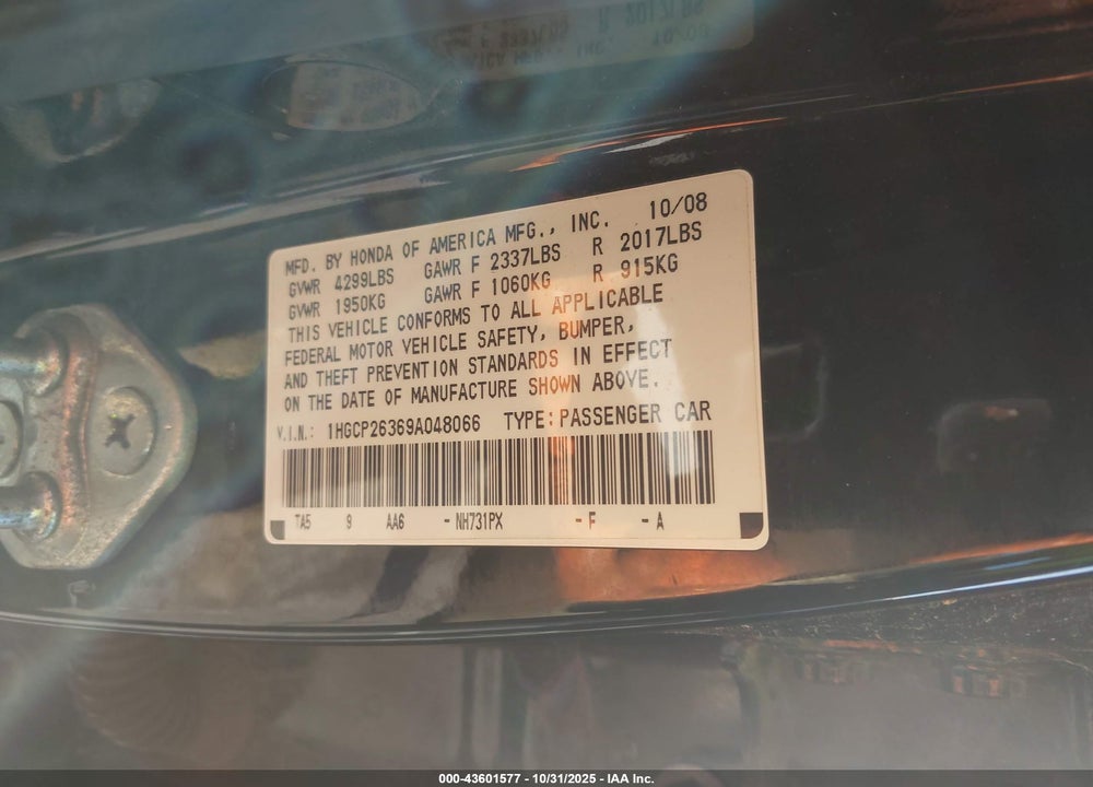 2009 HONDA ACCORD 2.4 LX VIN: 1HGCP26369A048066