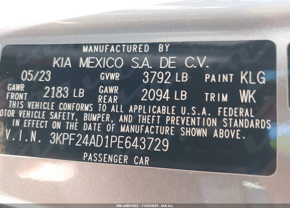 2023 KIA FORTE LXS VIN: 3KPF24AD1PE643729