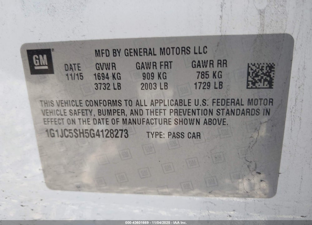 2016 CHEVROLET SONIC LT AUTO VIN: 1G1JC5SH5G4128273