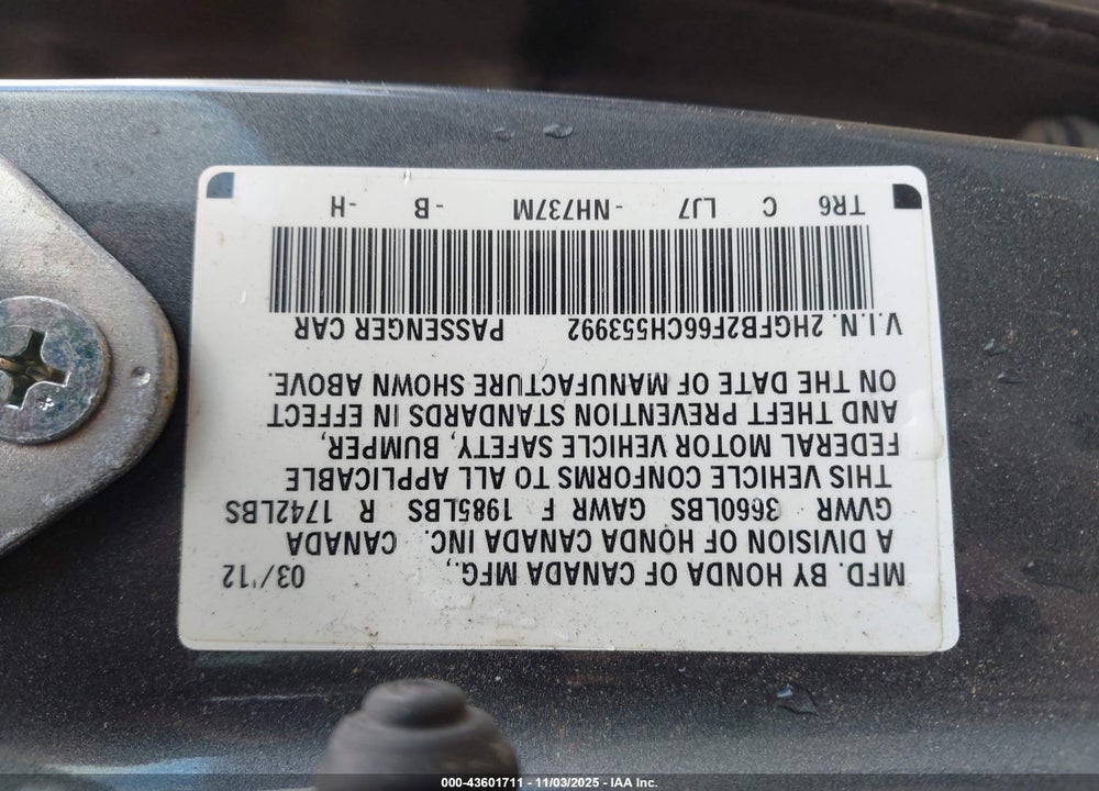 2012 HONDA CIVIC HF VIN: 2HGFB2F66CH553992