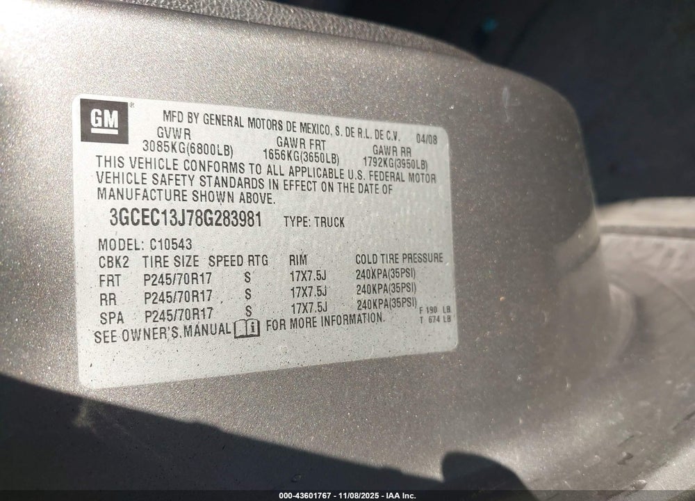 2008 CHEVROLET SILVERADO 1500 LT1 VIN: 3GCEC13J78G283981