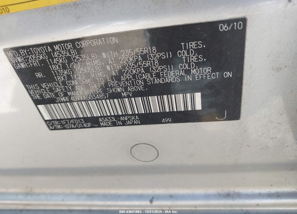 2010 TOYOTA RAV4 SPORT VIN: JTMRF4DVXA5034857
