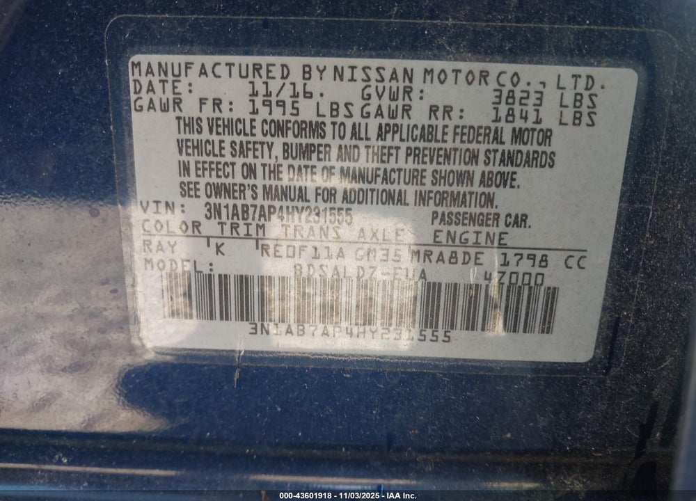 2017 NISSAN SENTRA VIN: 3N1AB7AP4HY231555