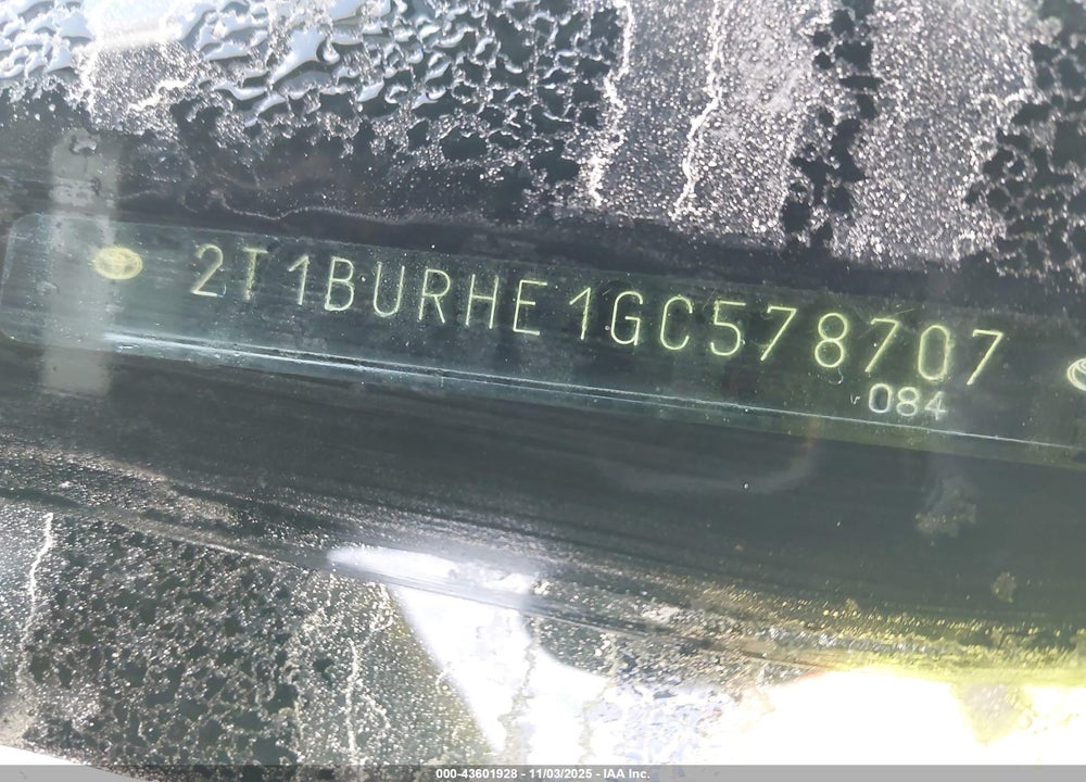 2016 TOYOTA COROLLA LE VIN: 2T1BURHE1GC578707