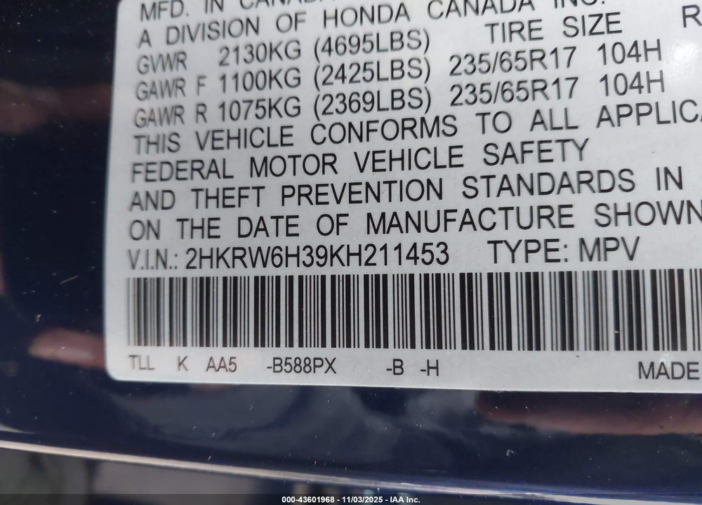 2019 HONDA CR-V VIN: 2HKRW6H39KH211453