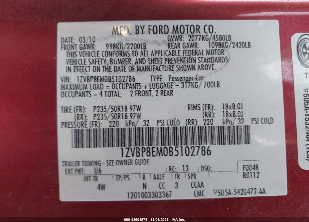 2011 FORD MUSTANG V6 PREMIUM VIN: 1ZVBP8EM0B5102786