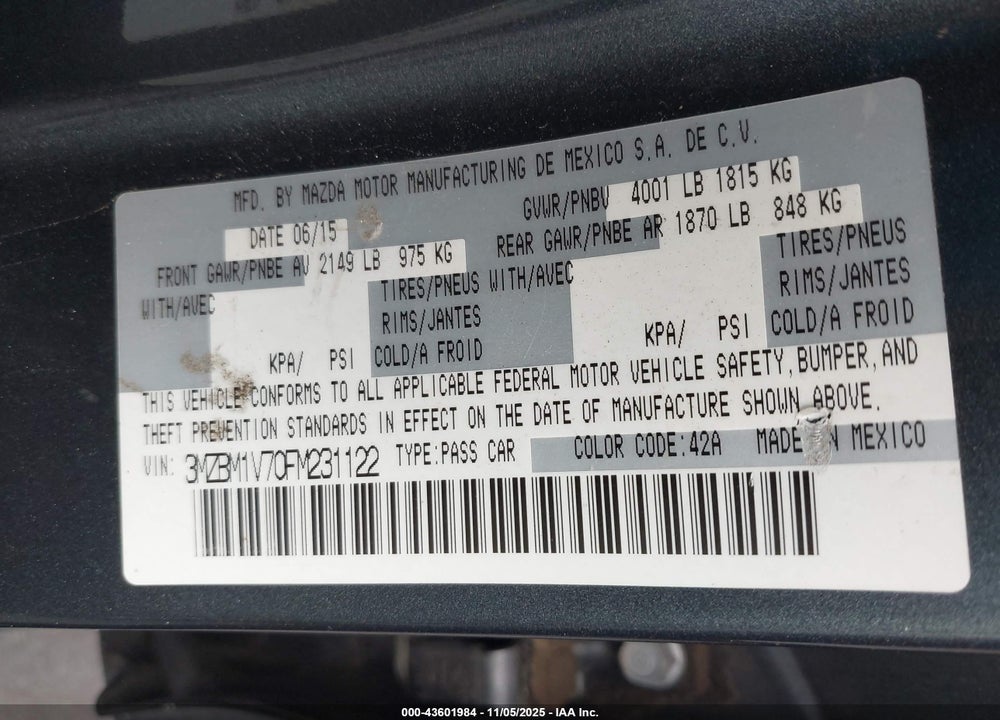 2015 MAZDA 3 I TOURING VIN: 3MZBM1V70FM231122