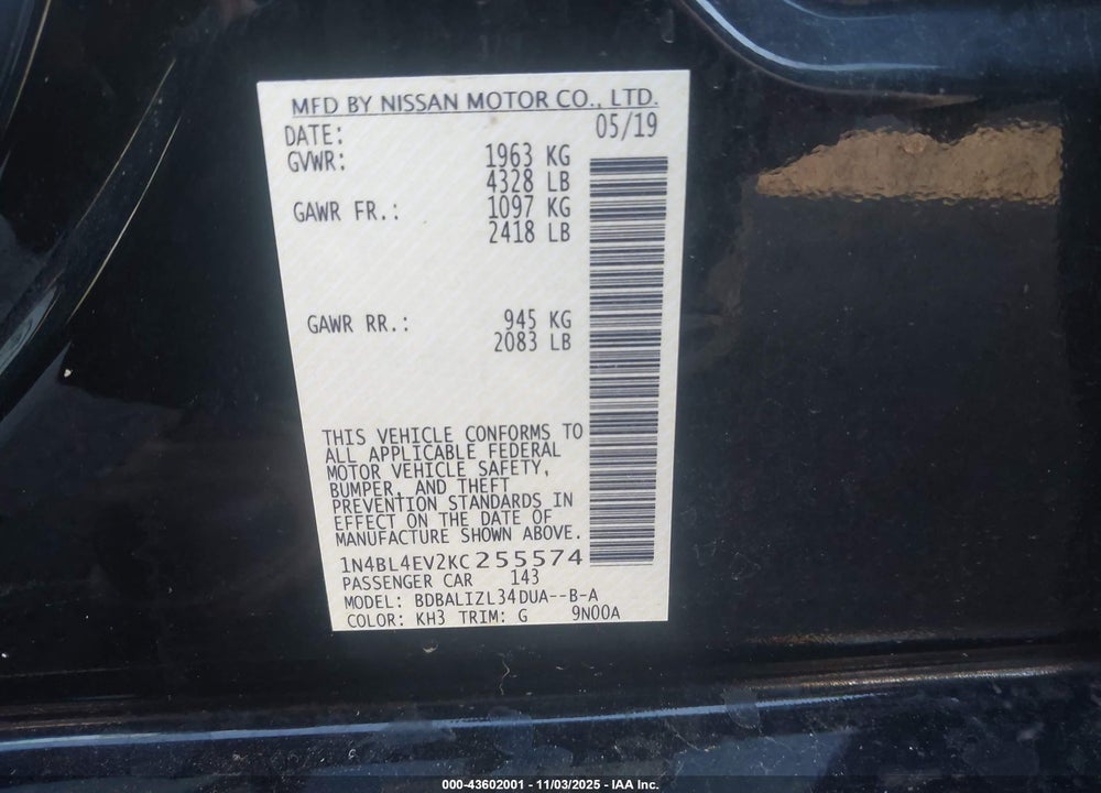 2019 NISSAN ALTIMA 2.5 SL VIN: 1N4BL4EV2KC255574