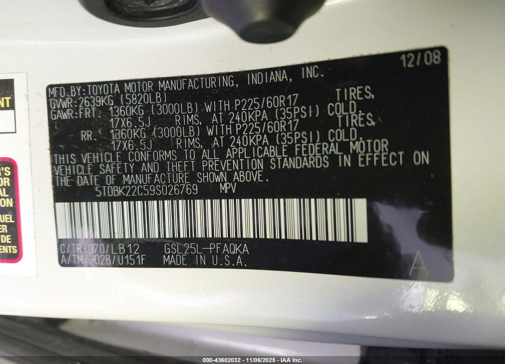 2009 TOYOTA SIENNA LIMITED VIN: 5TDBK22C59S026769