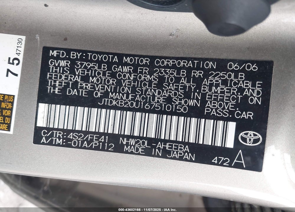 2006 TOYOTA PRIUS VIN: JTDKB20U167510150