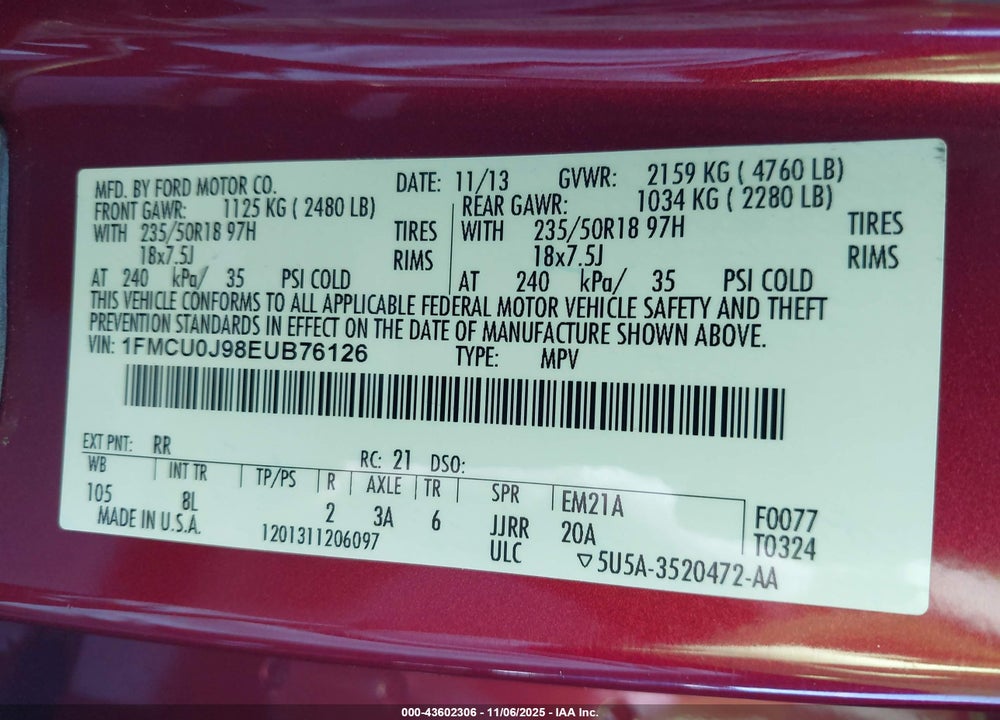 2014 FORD ESCAPE TITANIUM VIN: 1FMCU0J98EUB76126