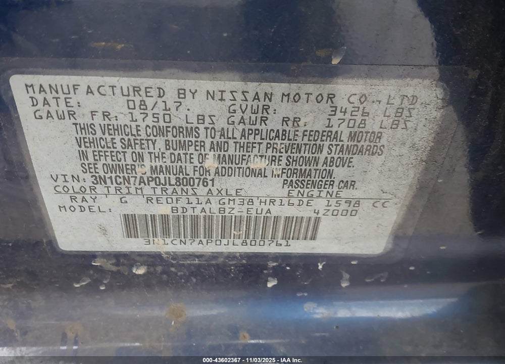 2018 NISSAN VERSA VIN: 3N1CN7AP0JL800761