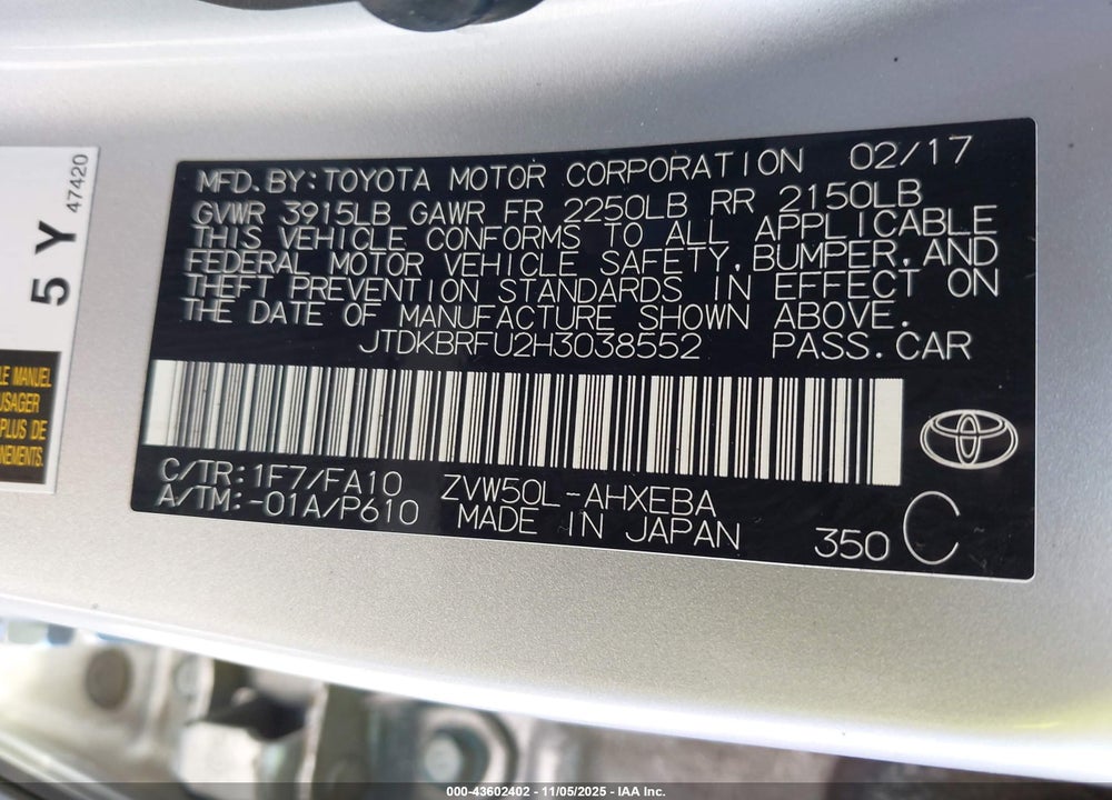 2017 TOYOTA PRIUS TWO VIN: JTDKBRFU2H3038552