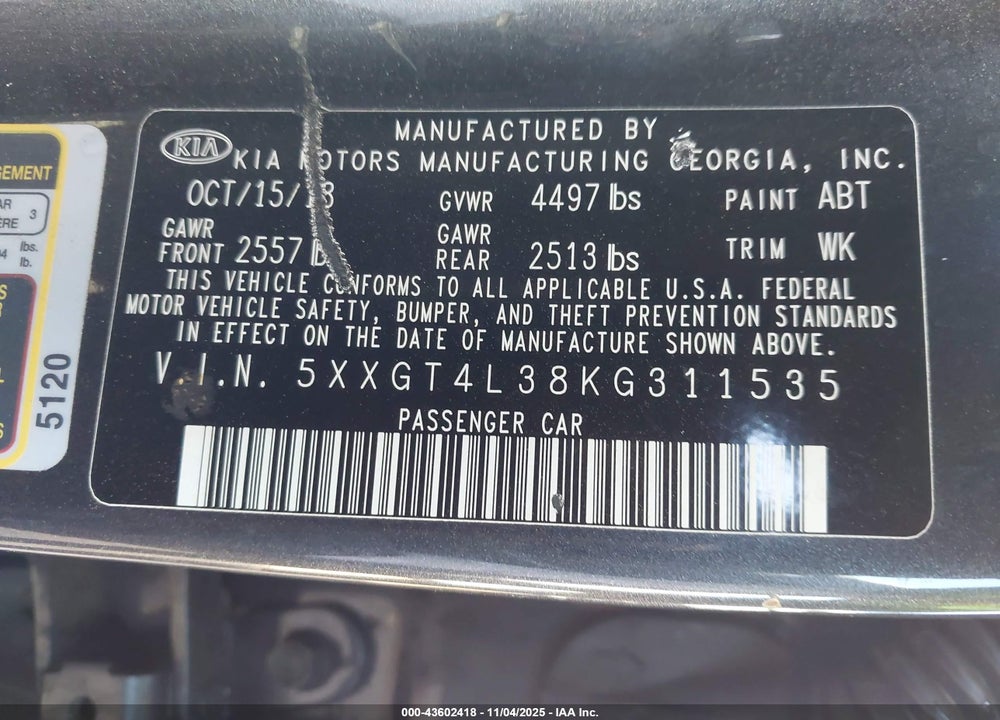 2019 KIA OPTIMA VIN: 5XXGT4L38KG311535