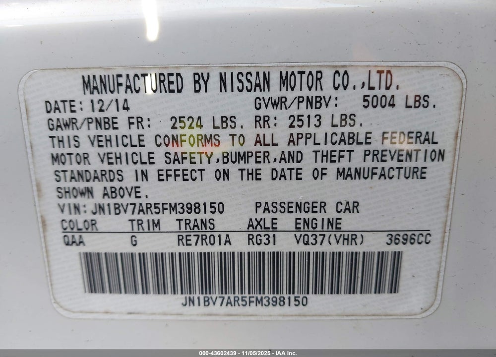 2015 INFINITI Q50 VIN: JN1BV7AR5FM398150