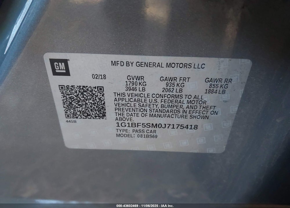 2018 CHEVROLET CRUZE PREMIER AUTO VIN: 1G1BF5SM0J7175418