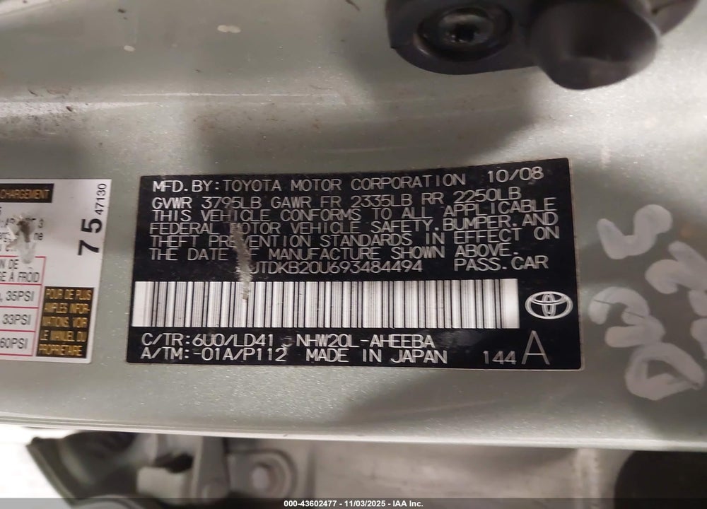 2009 TOYOTA PRIUS VIN: JTDKB20U693484494