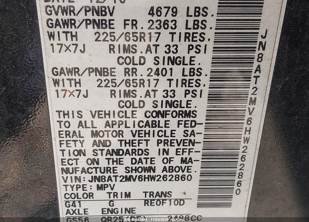2017 NISSAN ROGUE S VIN: JN8AT2MV6HW262860