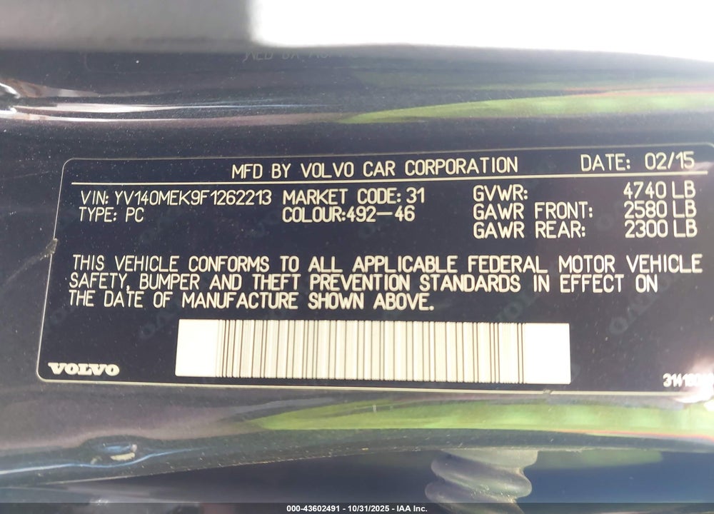 2015 VOLVO V60 VIN: YV140MEK9F1262213