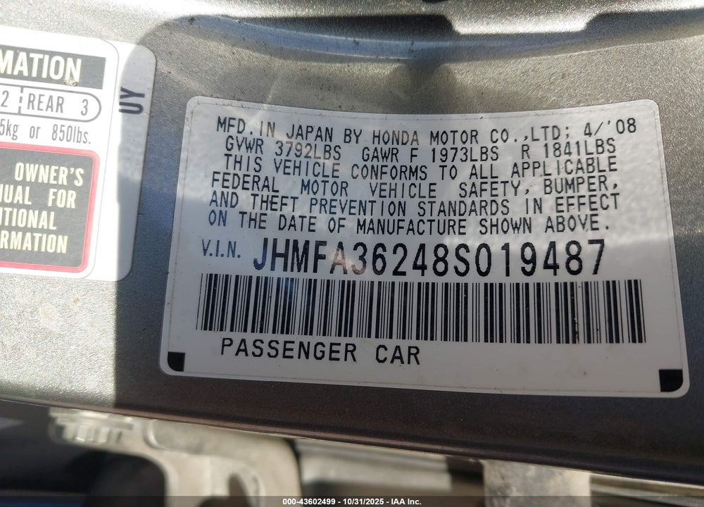 2008 HONDA CIVIC HYBRID VIN: JHMFA36248S019487