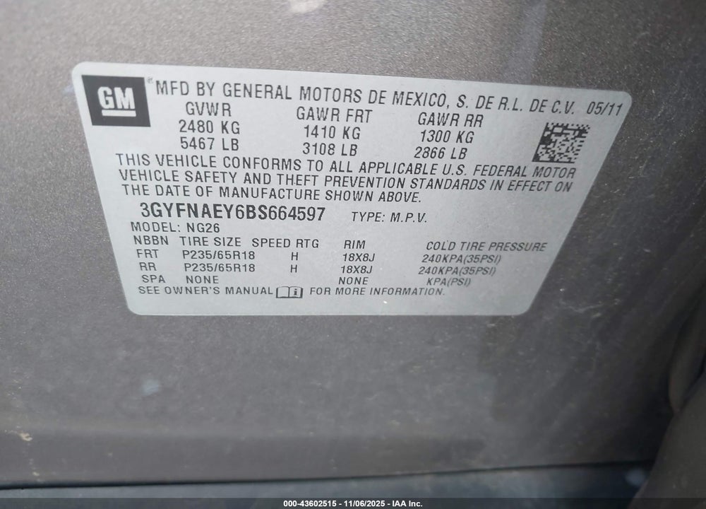 2011 CADILLAC SRX LUXURY COLLECTION VIN: 3GYFNAEY6BS664597