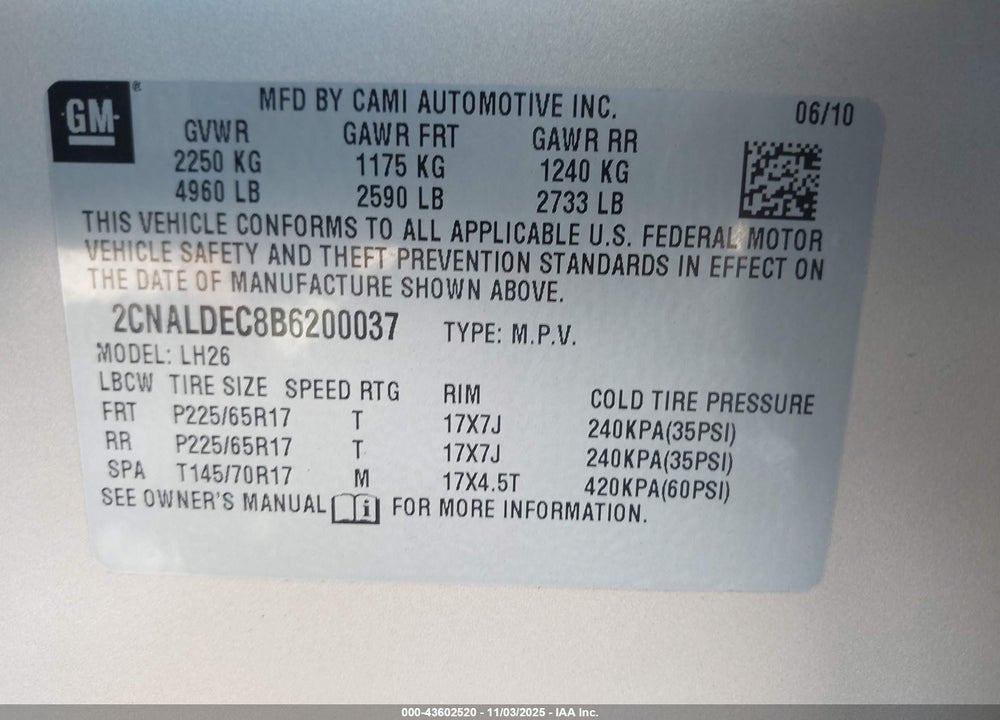2011 CHEVROLET EQUINOX 1LT VIN: 2CNALDEC8B6200037