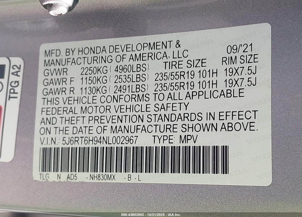 2022 HONDA CR-V HYBRID VIN: 5J6RT6H94NL002967