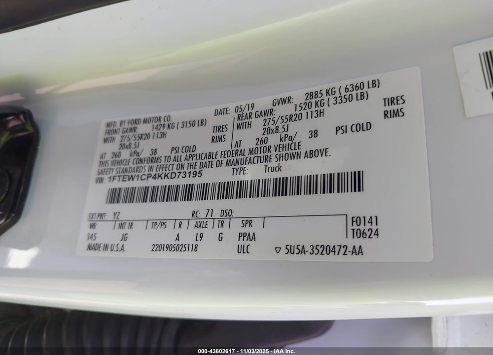 2019 FORD F-150 XL VIN: 1FTEW1CP4KKD73195