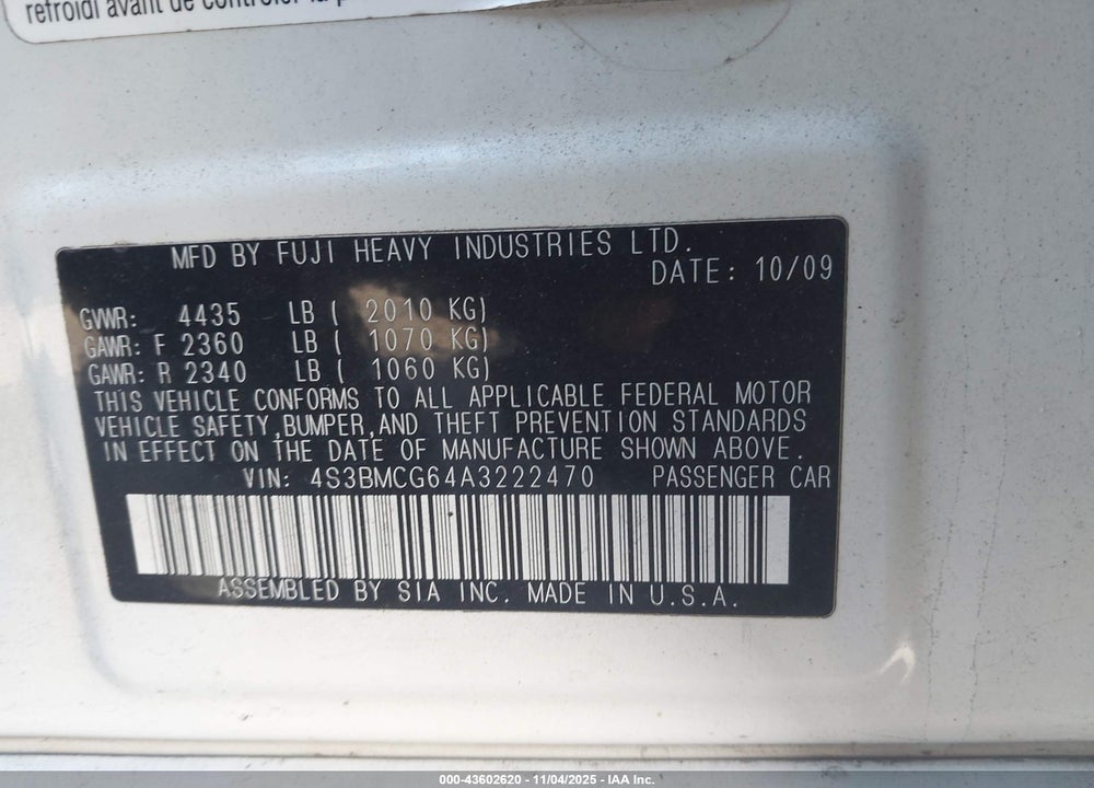 2010 SUBARU LEGACY VIN: 4S3BMCG64A3222470