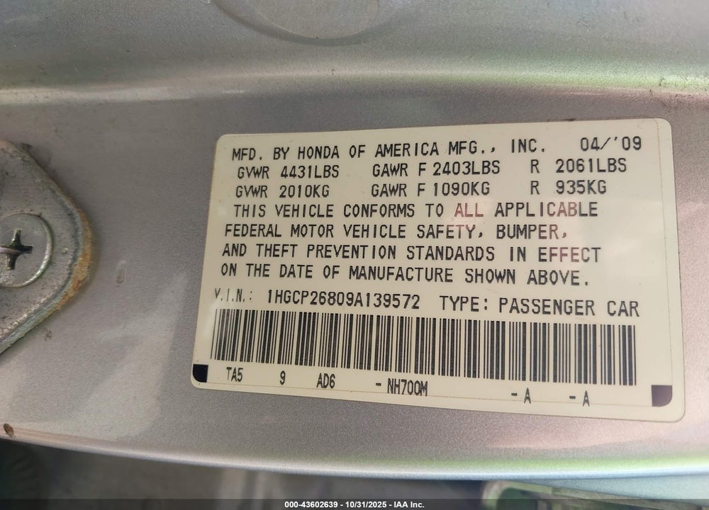 2009 HONDA ACCORD 2.4 EX-L VIN: 1HGCP26809A139572