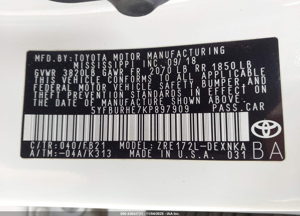 2019 TOYOTA COROLLA LE VIN: 5YFBURHE7KP897909