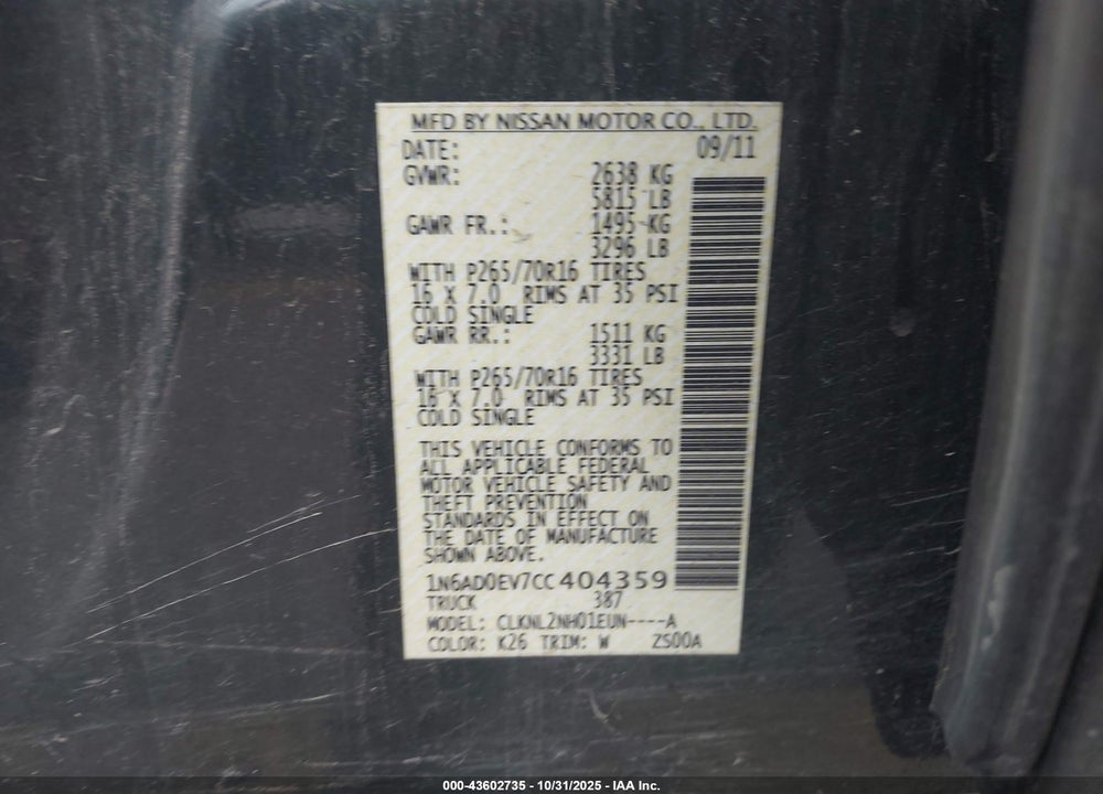 2012 NISSAN FRONTIER VIN: 1N6AD0EV7CC404359