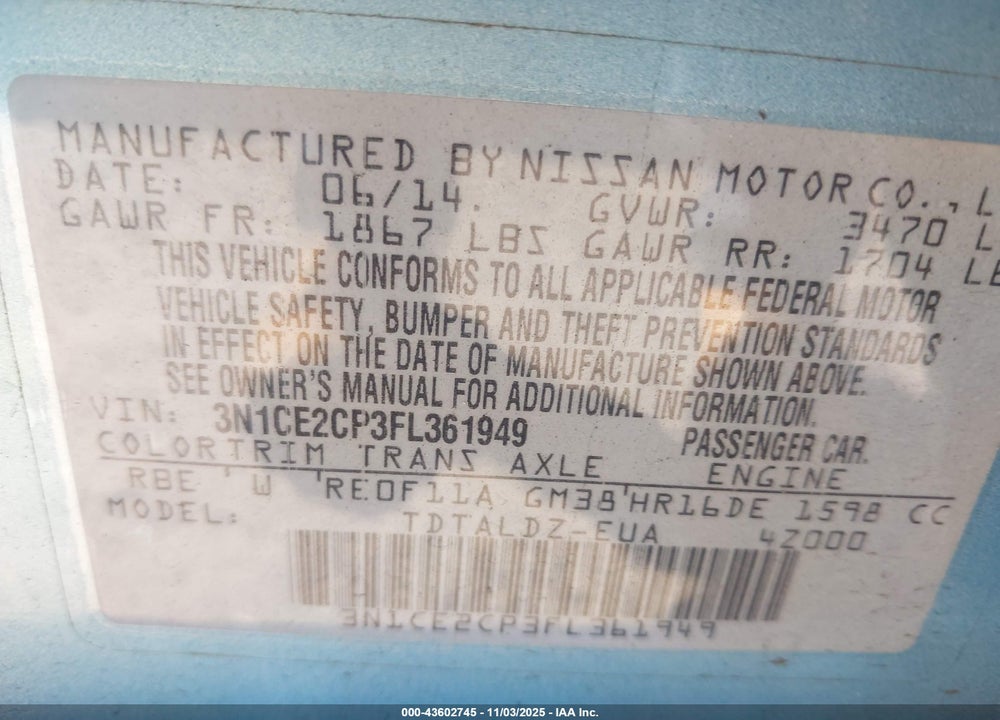 2015 NISSAN VERSA NOTE VIN: 3N1CE2CP3FL361949