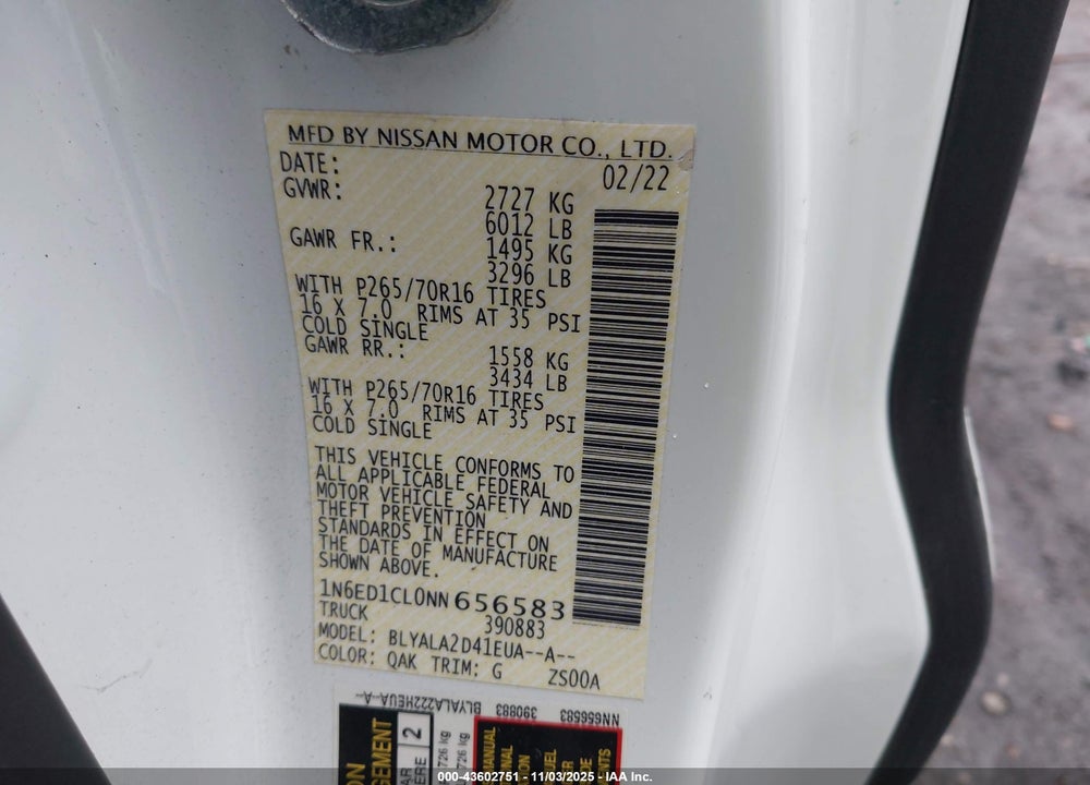2022 NISSAN FRONTIER KING CAB S 4X2 VIN: 1N6ED1CL0NN656583