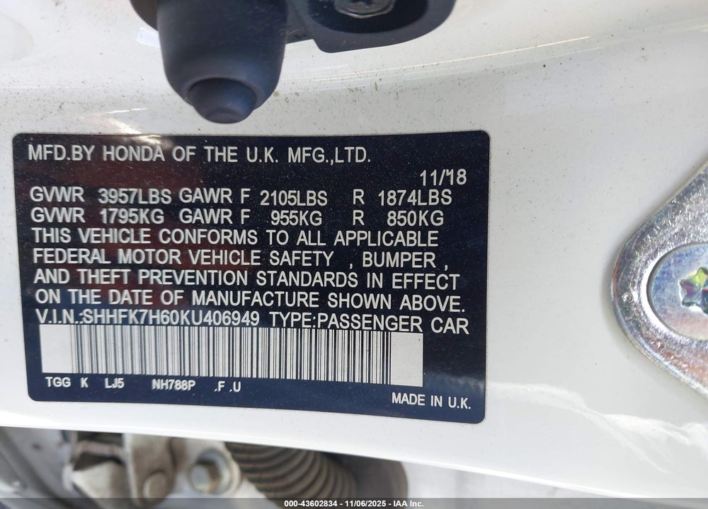 2019 HONDA CIVIC EX VIN: SHHFK7H60KU406949