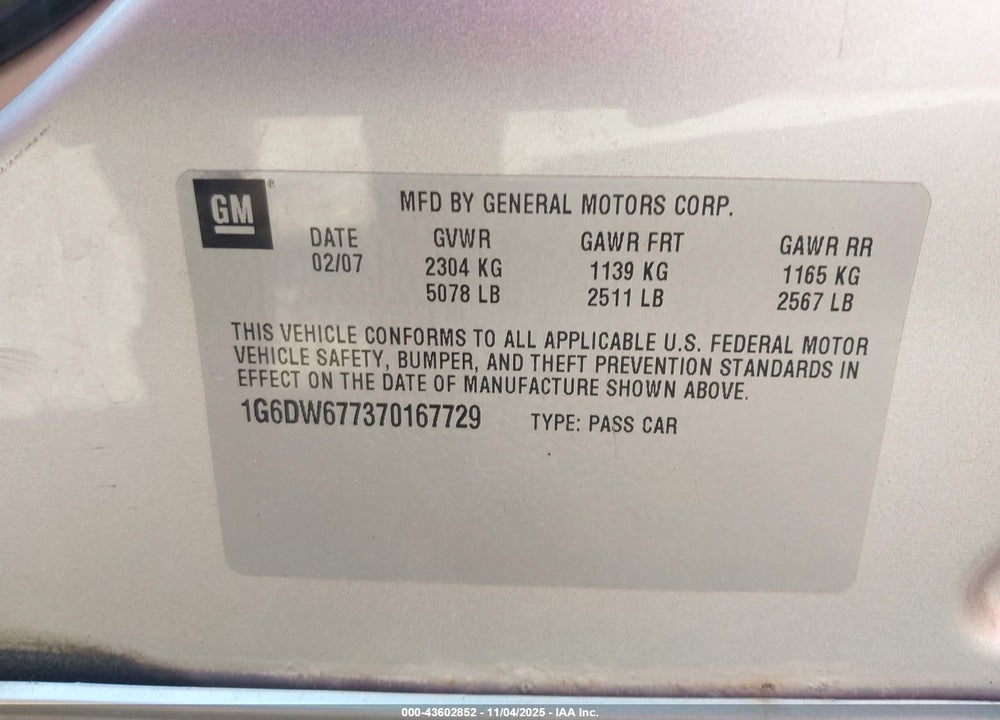 2007 CADILLAC STS V6 VIN: 1G6DW677370167729