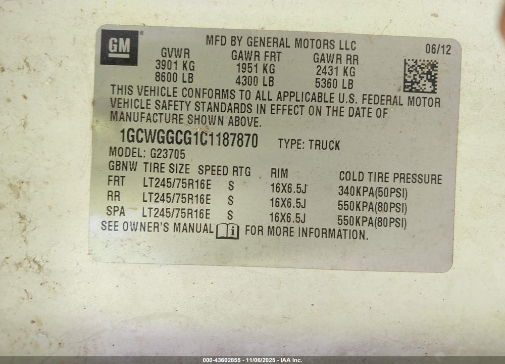 2012 CHEVROLET EXPRESS 2500 WORK VAN VIN: 1GCWGGCG1C1187870