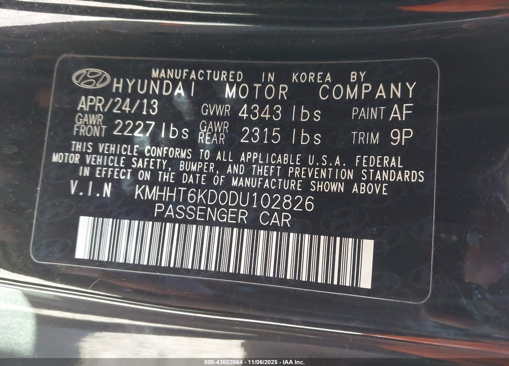 2013 HYUNDAI GENESIS VIN: KMHHT6KD0DU102826