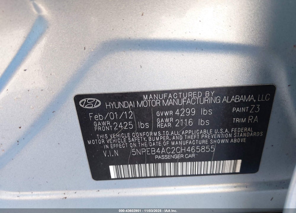 2012 HYUNDAI SONATA GLS VIN: 5NPEB4AC2CH465855